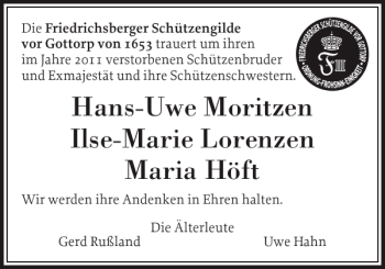Traueranzeige von Hans-Uwe MoritzenIlse-Marie Lorenzen Maria Höft von Schleswiger Nachrichten