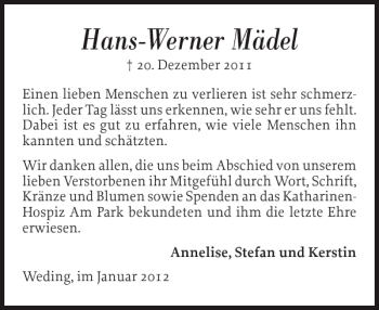 Traueranzeige von Hans-Werner Mädel von Flensburger Tageblatt