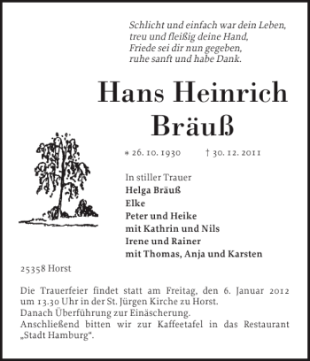 Traueranzeige von Hans Heinrich Bräuß von Elmshorner Nachrichten