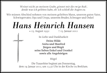 Traueranzeige von Hans Heinrich Hansen von Husumer Nachrichten