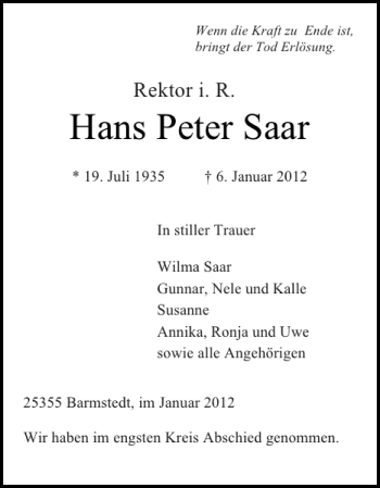 Traueranzeige von Hans Peter Saar von Elmshorner Nachrichten