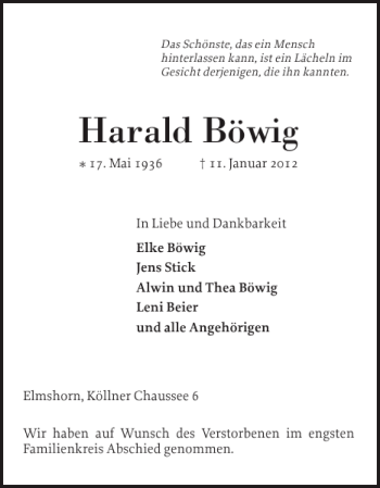 Traueranzeige von Harald Böwig von Elmshorner Nachrichten