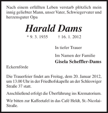 Traueranzeige von Harald Dams von Eckernförder Zeitung
