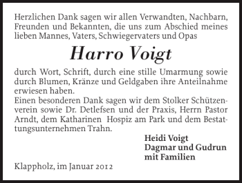 Traueranzeige von Harro Voigt von Flensburger Tageblatt