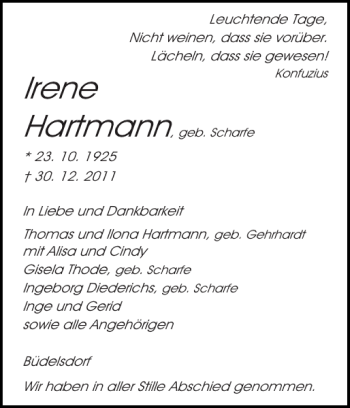 Traueranzeige von Hartmann Irene von Landeszeitung