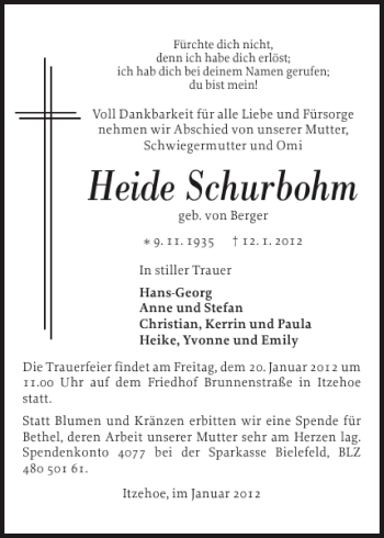 Traueranzeige von Heide Schurbohm von Norddeutsche Rundschau
