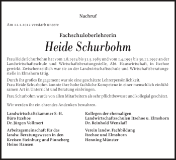 Traueranzeige von Heide Schurbohm von Norddeutsche Rundschau