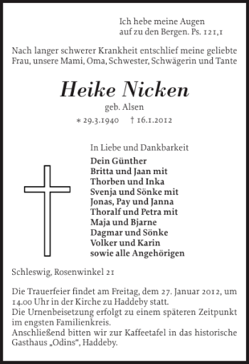 Traueranzeige von Heike Nicken von Schleswiger Nachrichten