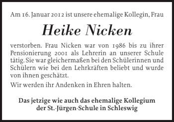 Traueranzeige von Heike Nicken von Schleswiger Nachrichten