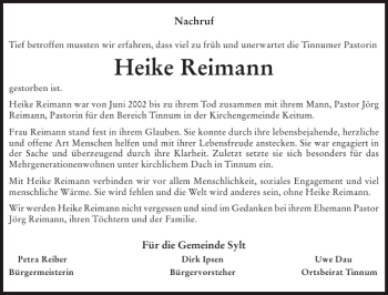 Traueranzeige von Heike Reimann von Sylter Rundschau