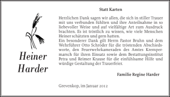 Traueranzeige von Heiner Harder von Norddeutsche Rundschau