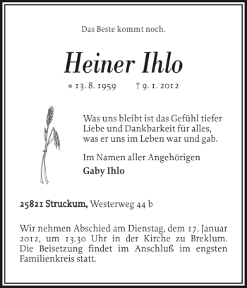 Traueranzeige von Heiner Ihlo von Flensburger Tageblatt