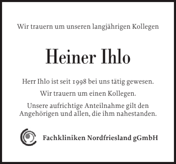 Traueranzeige von Heiner Ihlo von Husumer Nachrichten