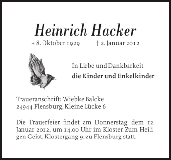 Traueranzeige von Heinrich Hacker von Flensburger Tageblatt