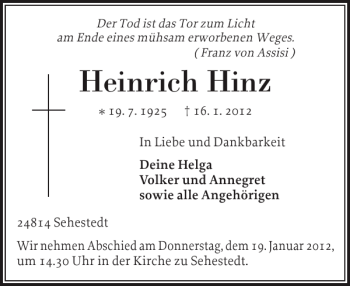 Traueranzeige von Heinrich Hinz von Eckernförder Zeitung