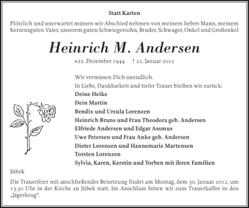 Traueranzeige von Heinrich M. Andersen von Flensburger Tageblatt