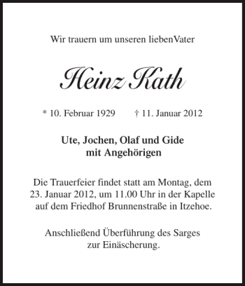 Traueranzeige von Heinz  von Norddeutsche Rundschau