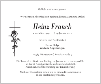 Traueranzeige von Heinz Franck von Norddeutsche Rundschau