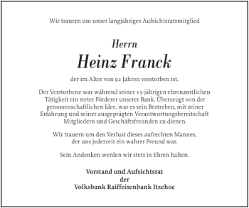 Traueranzeige von Heinz Franck von Norddeutsche Rundschau