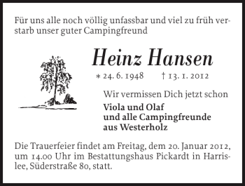 Traueranzeige von Heinz Hansen von Flensburger Tageblatt