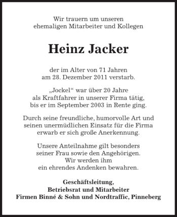 Traueranzeige von Heinz Jacker von Pinneberger Tageblatt