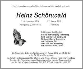Traueranzeige von Heinz Schönwald von Flensburger Tageblatt