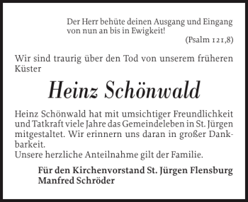 Traueranzeige von Heinz Schönwald von Flensburger Tageblatt