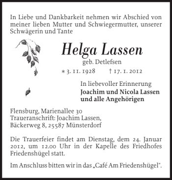 Traueranzeige von Helga  von Flensburger Tageblatt