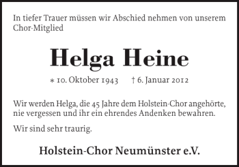 Traueranzeige von Helga Heine von Holsteinischer Courier