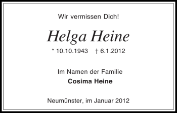 Traueranzeige von Helga Heine von Holsteinischer Courier