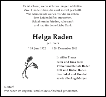 Traueranzeige von Helga Raden von Landeszeitung
