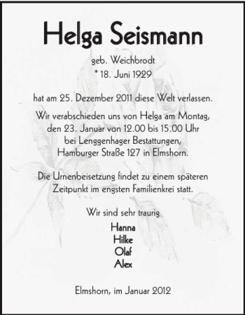 Traueranzeige von Helga Seismann von Elmshorner Nachrichten