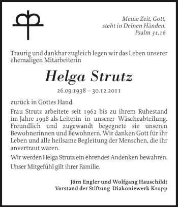 Traueranzeige von Helga Strutz von Landeszeitung