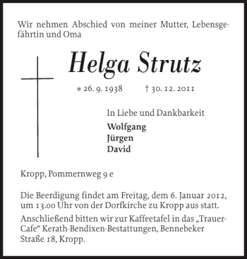 Traueranzeige von Helga Strutz von Schleswiger Nachrichten