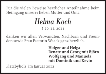 Traueranzeige von Helma Koch von Flensburger Tageblatt