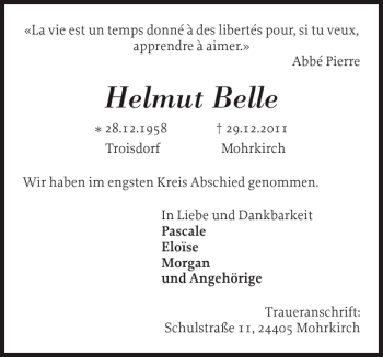 Traueranzeige von Helmut Belle von Flensburger Tageblatt