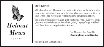 Traueranzeige von Helmut Mews von Landeszeitung
