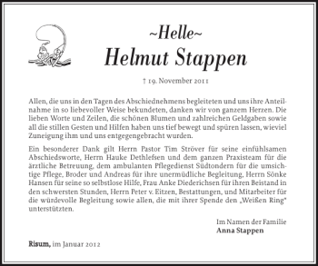 Traueranzeige von Helmut Stappen von Nordfriesland Tageblatt