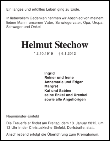 Traueranzeige von Helmut Stechow von Holsteinischer Courier