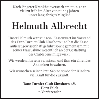 Traueranzeige von Helmuth Albrecht von Elmshorner Nachrichten