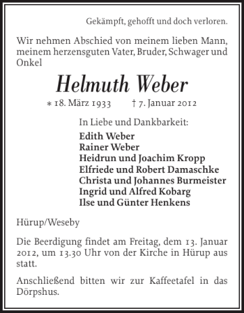 Traueranzeige von Helmuth Weber von Flensburger Tageblatt
