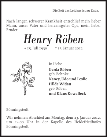 Traueranzeige von Henry Röben von Pinneberger Tageblatt