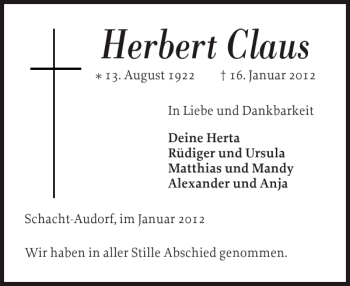 Traueranzeige von Herbert Claus von Landeszeitung
