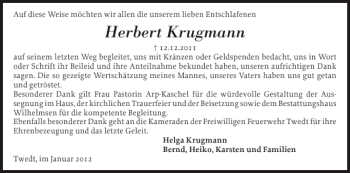 Traueranzeige von Herbert Krugmann von Schleswiger Nachrichten