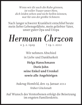 Traueranzeige von Hermann Chrzcon von Norddeutsche Rundschau