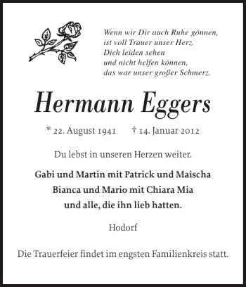 Traueranzeige von Hermann Eggers von Norddeutsche Rundschau