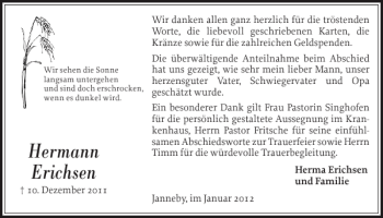 Traueranzeige von Hermann Erichsen von Flensburger Tageblatt