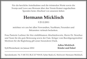 Traueranzeige von Hermann Micklisch von Sylter Rundschau