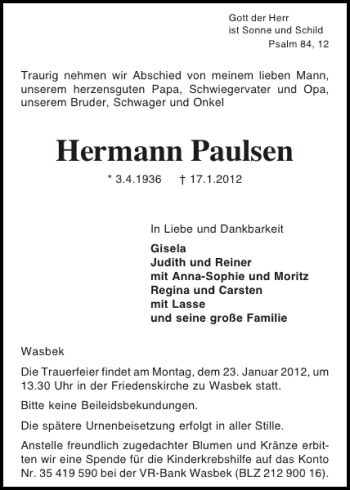 Traueranzeige von Hermann Paulsen von Holsteinischer Courier