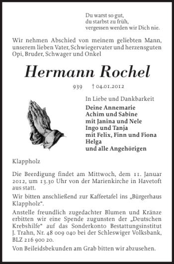Traueranzeige von Hermann Rochel von Schleswiger Nachrichten